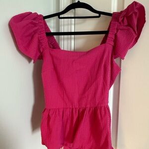 Francesca's Collections Pink Peplum Blouse with Ruffled Sleeves